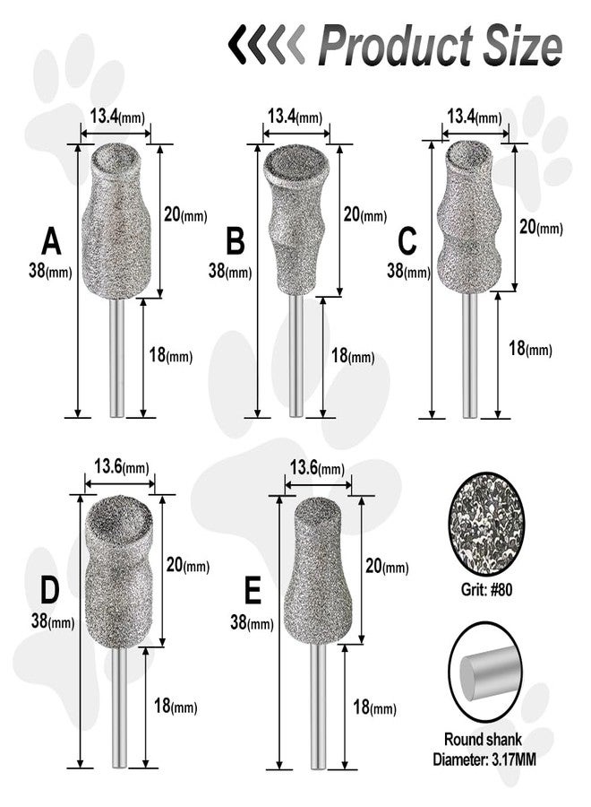 FOCSTOL Diamond Dog Nail Grinder Bits - FOCSTOL Diamond Rotory Bit for Dogs&Pets, 5pcs 1/8'' Rotary Nail Grinder Bits for Animals Nail Care (Type A+B+C+D+E) - Image 2